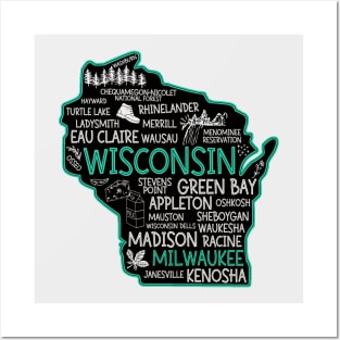 Milwaukee Wisconsin cute map, Osseo, Green Bay, Kenosha, Racine, Appleton, Waukesha, Eau Claire, Oshkosh, Janesville Posters and Art